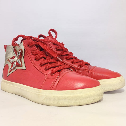 Zip-up Sneakers Red Leather Top with Rubber Sole For Girls