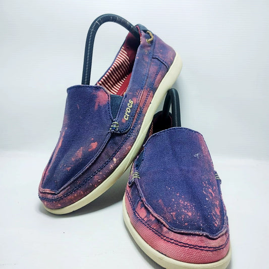Crocs Walu canvas loafers in a purple and pink distressed colorway